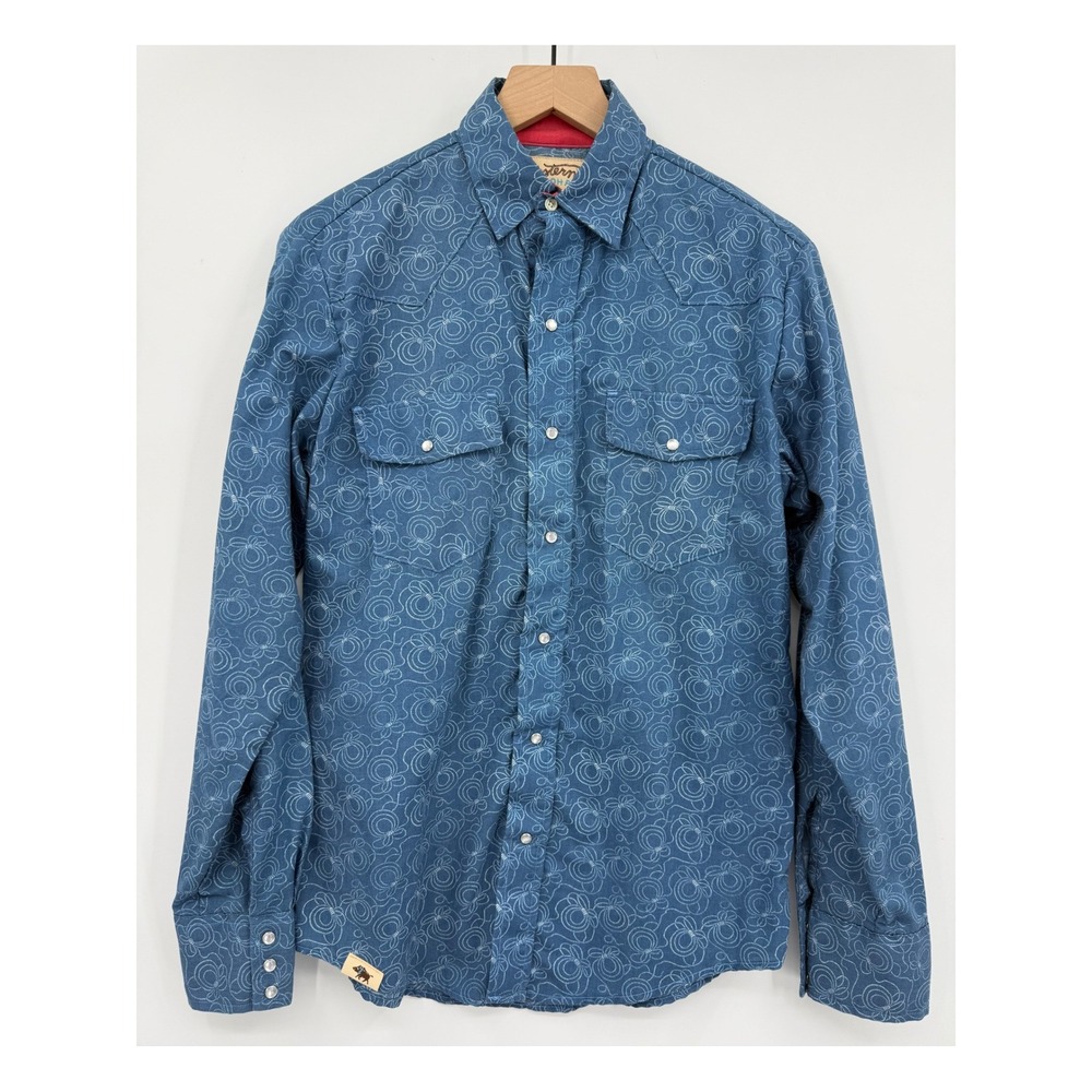 Western Aloha Shirt Mens Small Blue Floral Western Pearl Snap‎ Long Sleeve
